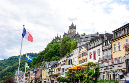 July 18, 2020: Cochem. Beautiful historical town on romantic Moselle, Mosel river. City view with Reichsburg castle on a hill. Rhineland-Palatinate, Germany.のeditorial素材