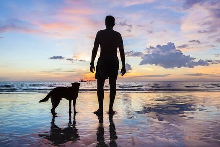 Silhouette of a man and a dog standing together on the beach at sunset and looking at horizon, friendship between man and animalの写真素材