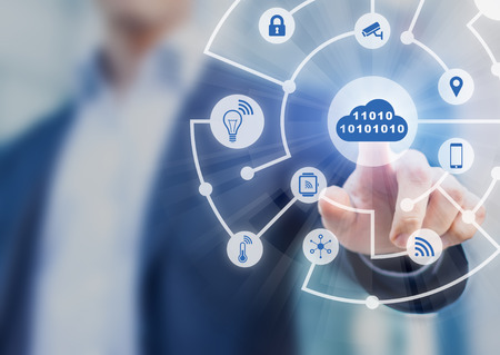 Internet of Things (IoT) technology concept with digital network of connected icons (smart home,...