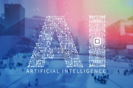Artificial Intelligence technology double exposure with AI text made of electronic circuit board and person hand using computer mouse and office buildings in backgroundの写真素材