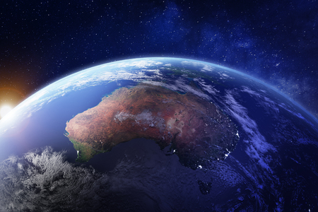 Australia from space at night with city lights of Sydney, Melbourne and Brisbane, view of Oceania, Australian desert, communication technology, 3d render of planet Earth, elements fromの写真素材