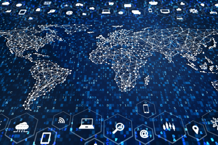 Digital world with connections to global data communication network technology, worldwide business and finance, internet of things (IoT), marketing, fintech, concept with map, icons and computer codeの写真素材