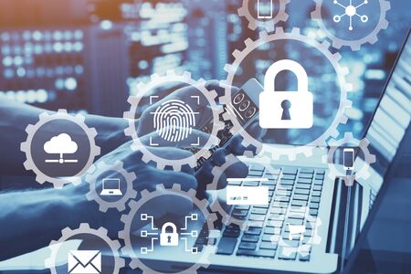 Internet network security concept with icons of secure access, biometrics password technology, data...