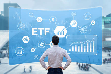 ETF Exchange-Traded Funds investment with investor building a portfolio of financial assets on market such as stock, bonds, commodities, currencies. Capital management and finance.の写真素材