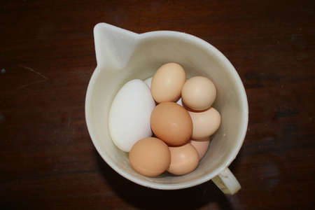 some little eggs and a big egg in the bucket