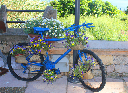 a blue bike with flowersの写真素材