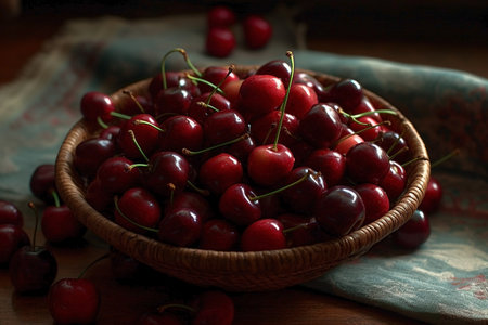 Ripe red cherries in a basket on a wooden table.の素材
