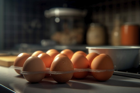 Eggs on the kitchen table in front of a blurred backgroundの素材