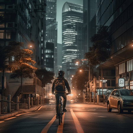 Cyclist riding a bicycle on the street in Hong Kong at nightの素材