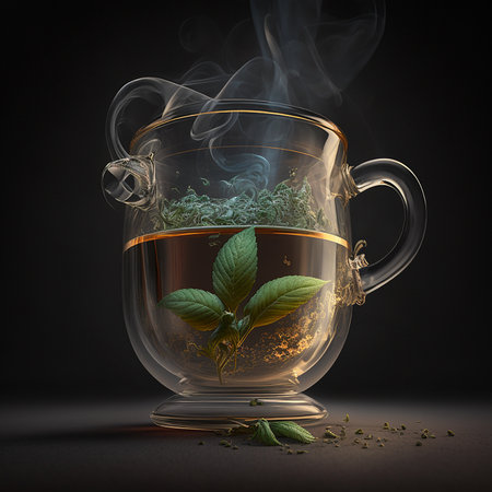 Herbal tea in a glass cup on a dark background. 3d renderの素材