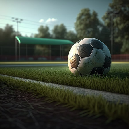Soccer ball on the green field. 3d render illustration.の素材