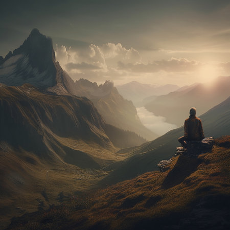 Man sitting on top of a mountain and looking at the beautiful landscapeの素材