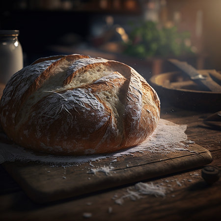 Freshly baked sourdough bread on a rustic wooden tableの素材