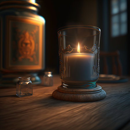 Candle in a glass on a wooden table. 3d renderの素材