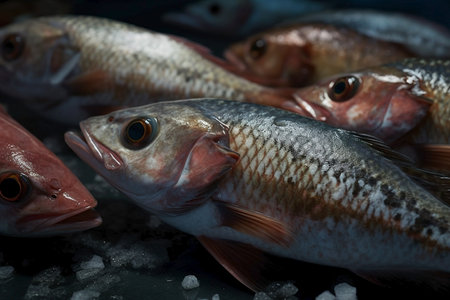Fresh fish on ice in a fish market. Seafood and healthy eating concept.の素材