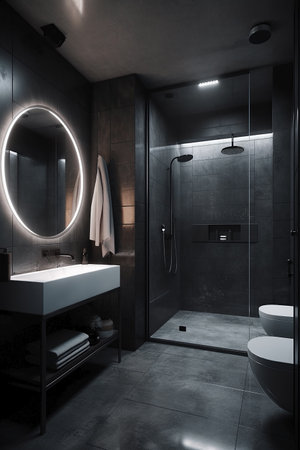 Modern bathroom interior with black tiled walls, concrete floor, white bathtub and round mirror. 3d renderの素材