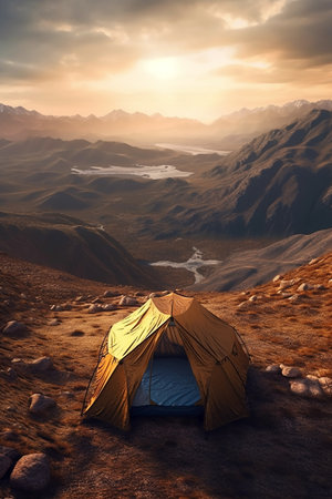 Tent in the mountains at sunset. 3d render illustration.の素材