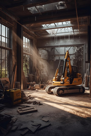 Abandoned industrial building interior with construction equipment. Selective focusの素材