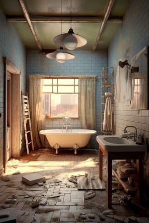Interior of an old abandoned bathroom. 3D render. Toned.の素材