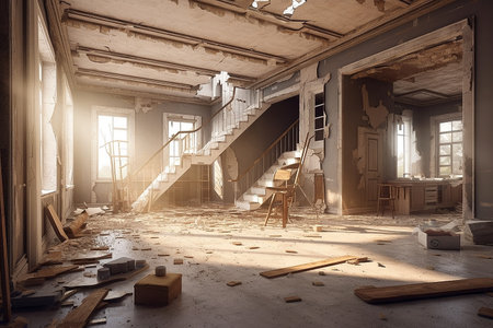 Interior of an old abandoned building. 3d rendered toned imageの素材