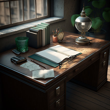 Wooden office desk with books, lamp and other items. 3d renderの素材