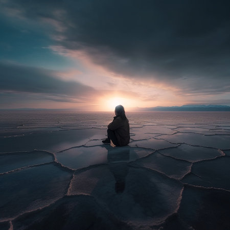 A man sits on the edge of the frozen lake and looks at the sunsetの素材