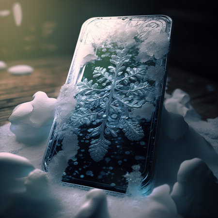 Snowflakes on the smartphone. Christmas background. Toned.の素材