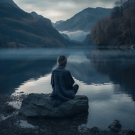 A girl in a knitted sweater sits on a rock on the shore of a mountain lake and looks into the distanceの素材