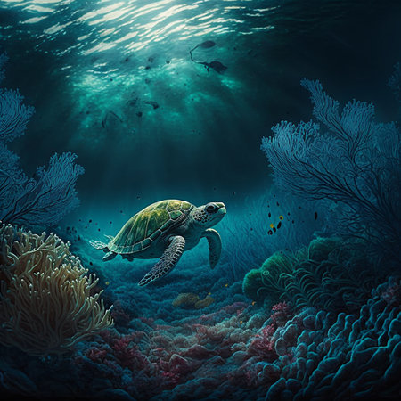 Green sea turtle in coral reef. Underwaterworld. 3d renderの素材