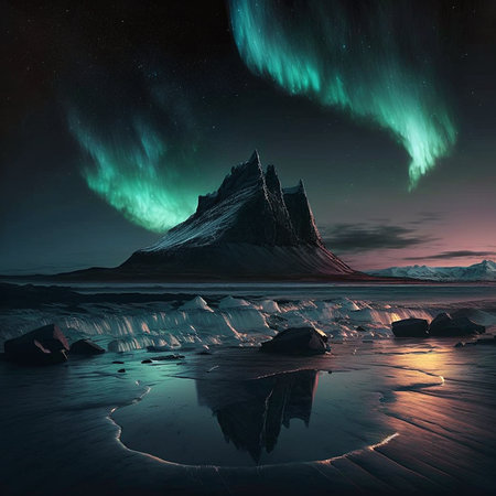 Aurora borealis in the night sky. 3d renderの素材