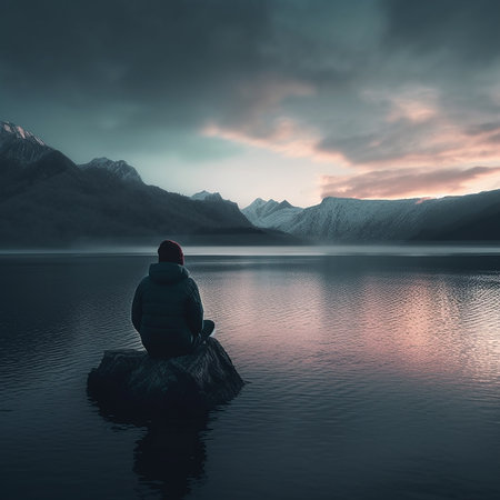 Man sitting on a rock and looking at the mountain lake at sunsetの素材
