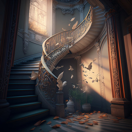 3d render of a staircase in an old house with butterflies.の素材