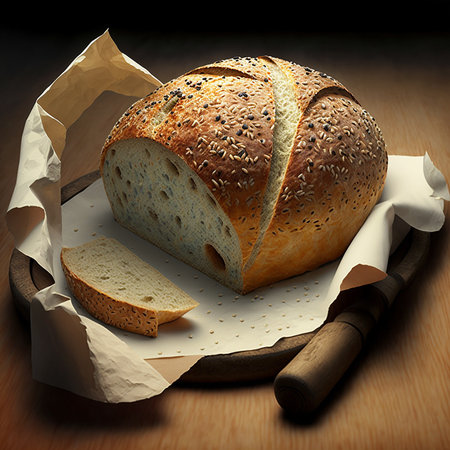 Composition with bread and rolling pin on a wooden table. 3d renderの素材