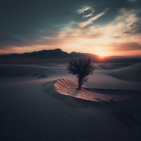 Lonely tree in the sand dunes at sunset. Filtered image processed vintage effect.の素材