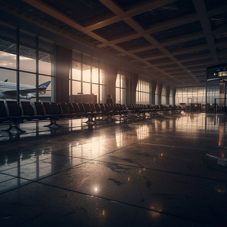 Interior of an airport terminal at sunset. Toned image.の素材