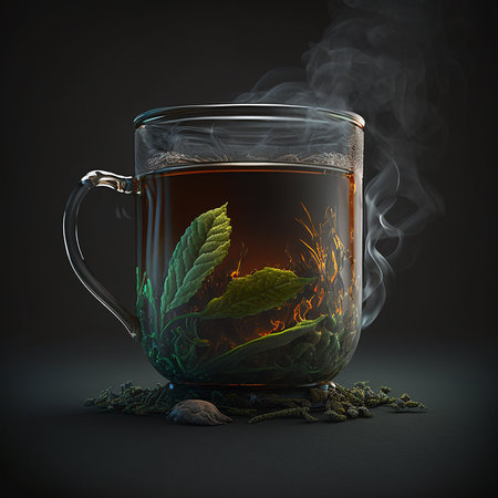 Mint tea in a transparent cup with steam on a dark backgroundの素材
