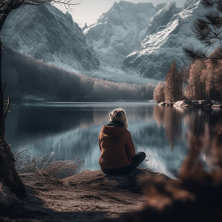 Woman sitting on the edge of a mountain lake and looking at the mountainsの素材