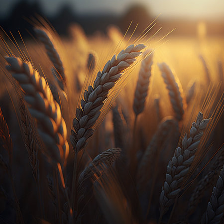 Wheat field. Ears of golden wheat close up. Beautiful Nature Sunset Landscape.の素材