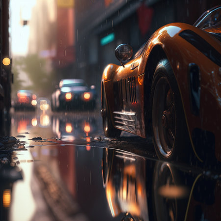 Car on the road in the rain. Shallow depth of fieldの素材