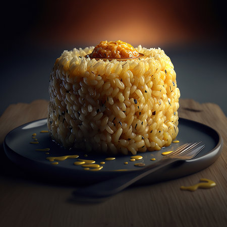 Risotto with tomato sauce on a black plate on a wooden backgroundの素材