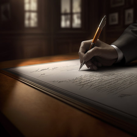 Close up image of human hand signing a document with fountain pen.の素材