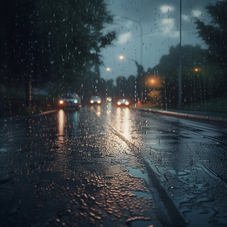 Raindrops on the glass of a car on the road in the rainの素材