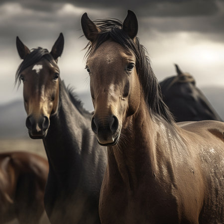 Beautiful horses in the meadow with stormy sky in the backgroundの素材