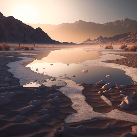 sunset in the desert with reflection in the water. 3d renderの素材