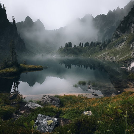 Mountain lake in the fog. Beautiful summer landscape in the mountains.の素材