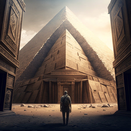Man in front of the Pyramid of Khufu in Cairo, Egyptの素材