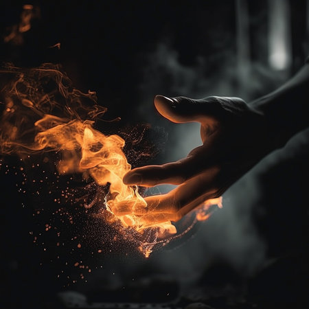 Close-up image of human hand holding burning fire on dark backgroundの素材