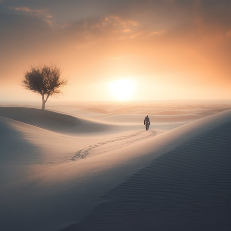 Man walking on sand dunes in the desert with lonely tree at sunsetの素材