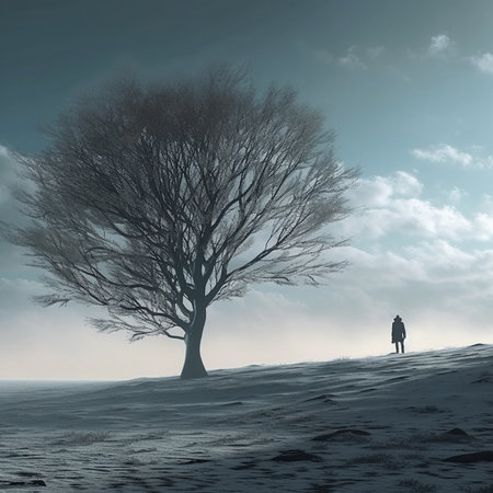 Winter landscape with lonely tree and man. 3d render illustration.の素材