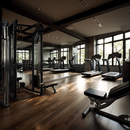 Interior of a modern gym with fitness equipment and dark wooden floorの素材